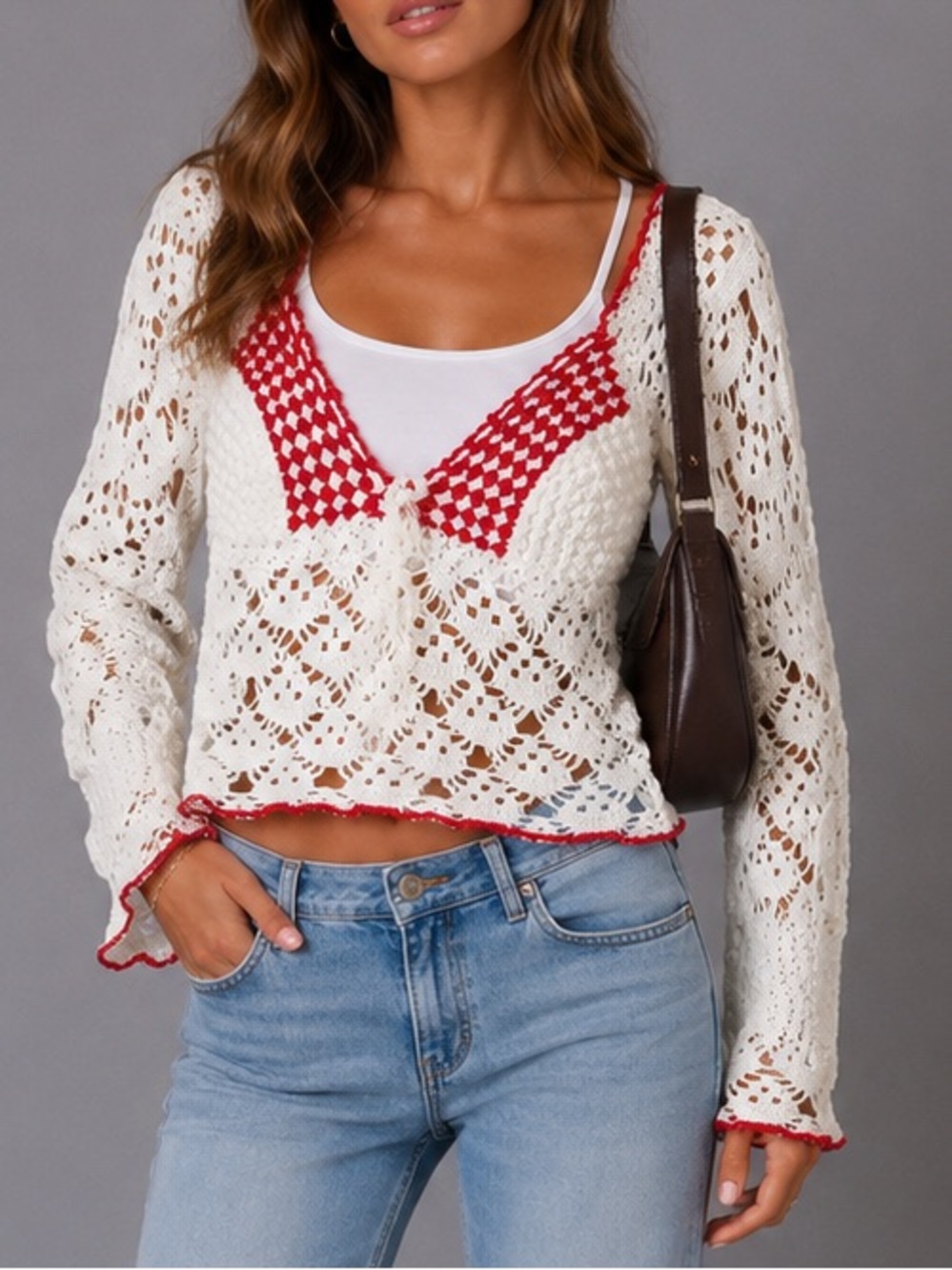 Handmade Crochet Red and White Long Sleeve Top
